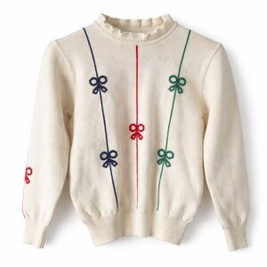 Vintage Polly Flinders Cream Bow Stripe Knit Sweater 70s Girls 12–14, Women XXS